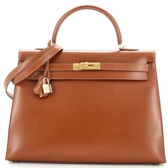 Hermes Handbags - Hermes Kelly Handbag Fauve Box Calf with Gold Hardware 35 Brown